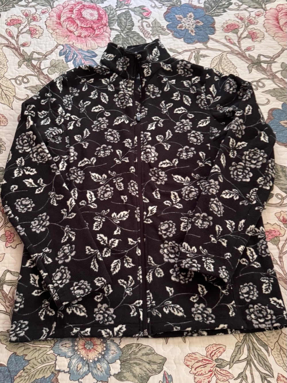 Lands End Black/White Floral Zip Fleece